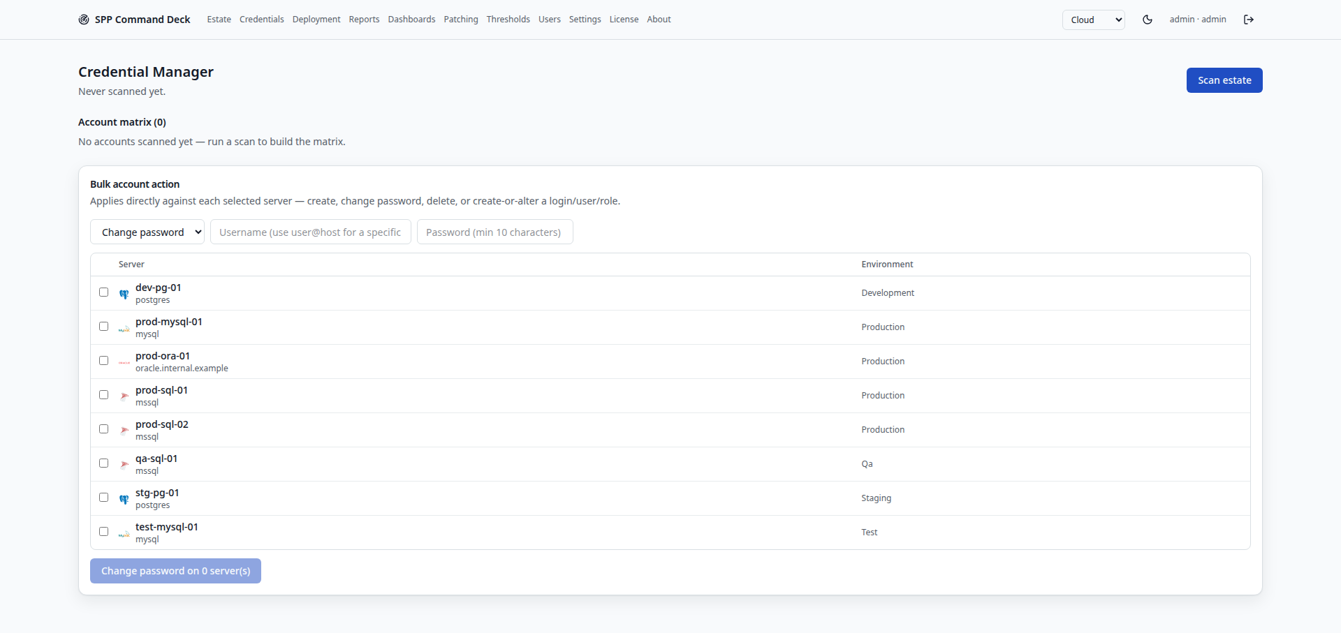 Credential Manager page showing stored server credentials