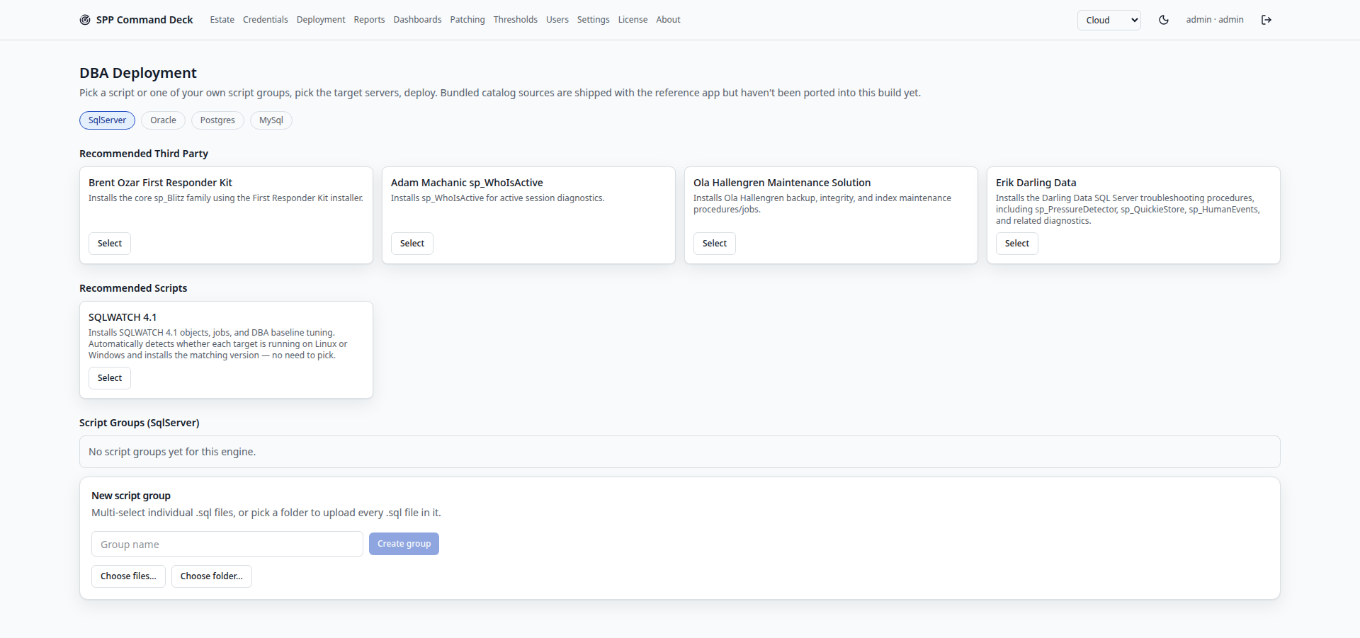 Deployment page showing available DBA tooling scripts