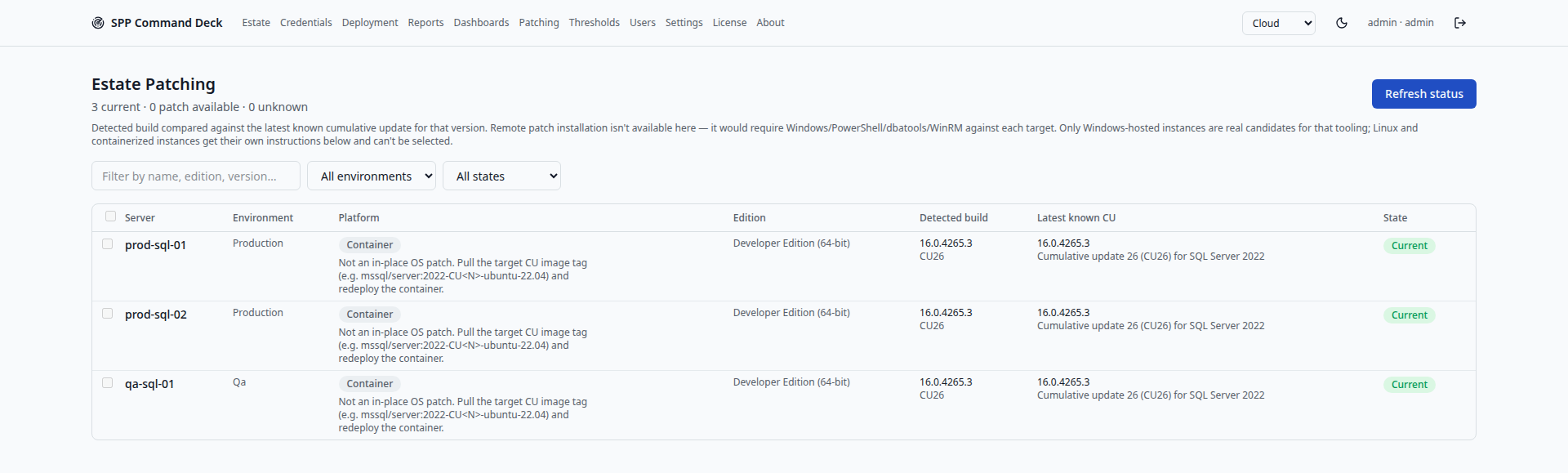 Patching page showing patch currency status across the fleet