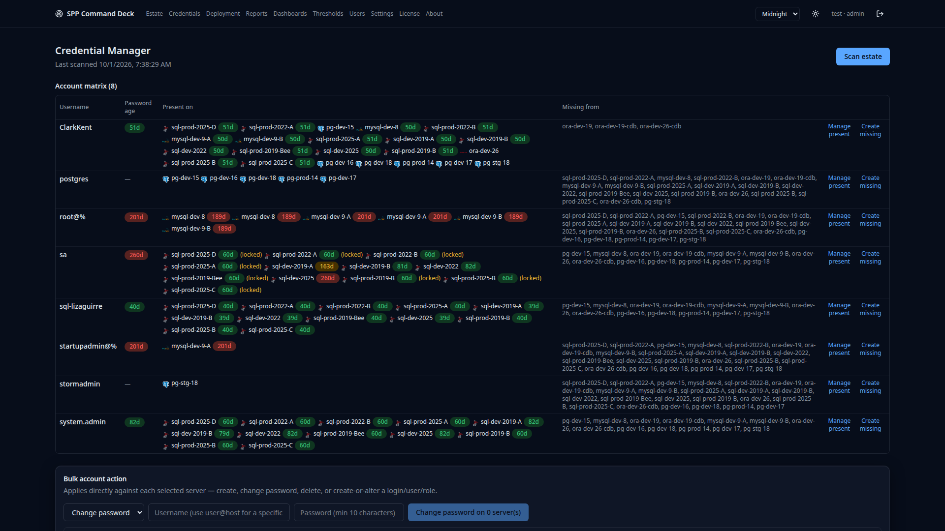 Credential Manager showing accounts found on a server