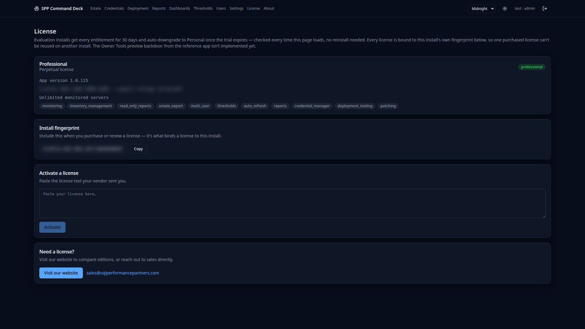 License page showing edition, entitlements and install fingerprint