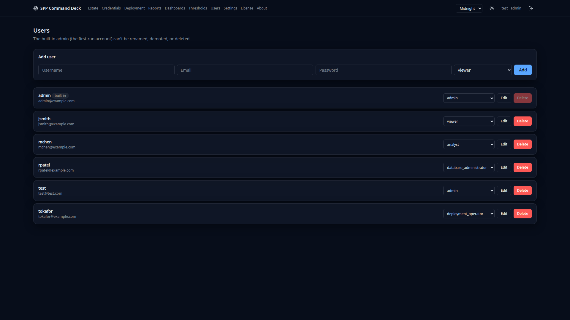 Users page showing accounts assigned across viewer, analyst, database administrator and deployment operator roles